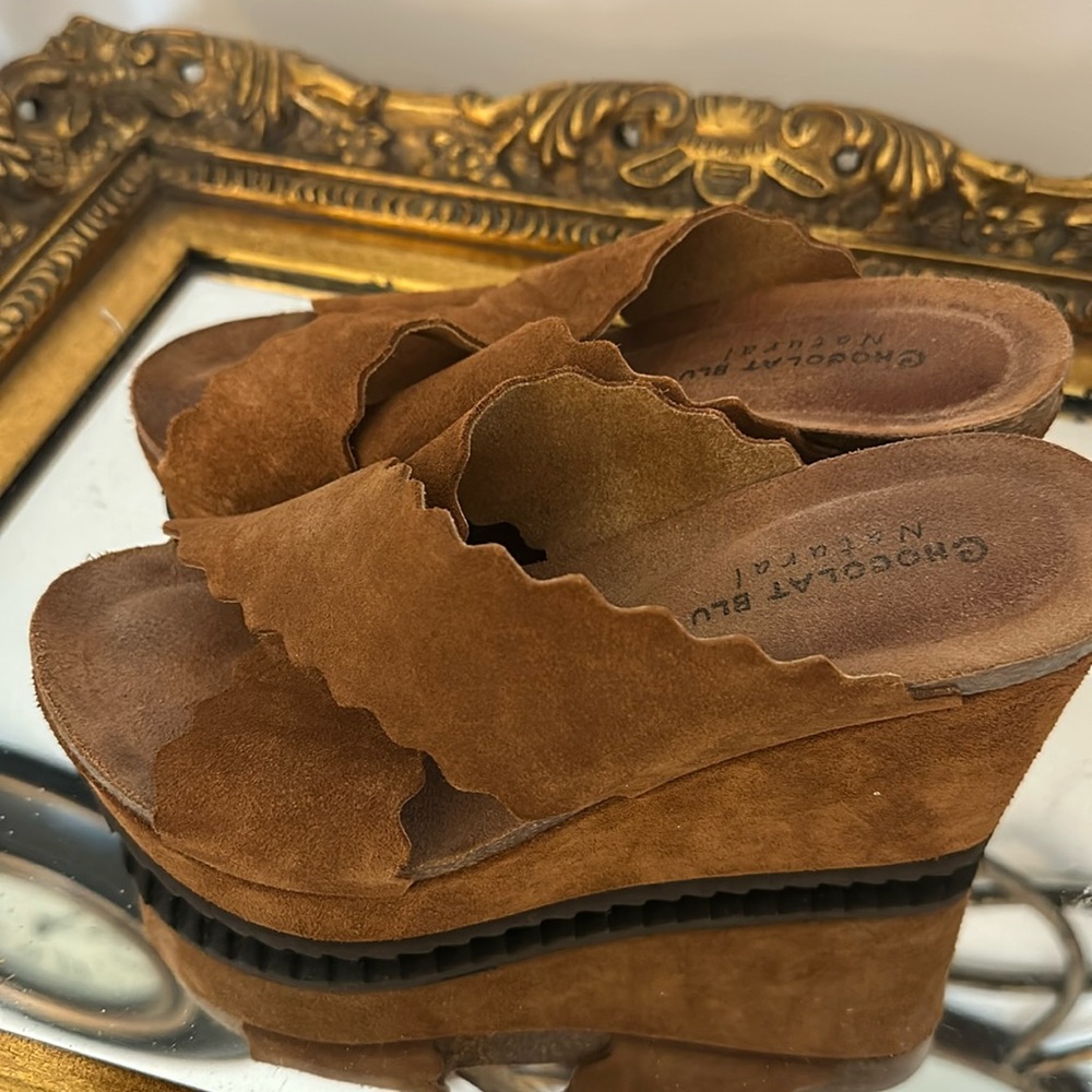 Chocolate Blu natural brown leather suede wedge shoes
